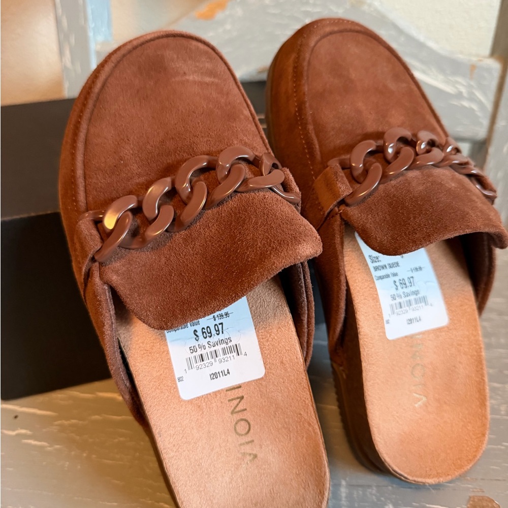 Vionic Brown Suede Chain-Trim Mules